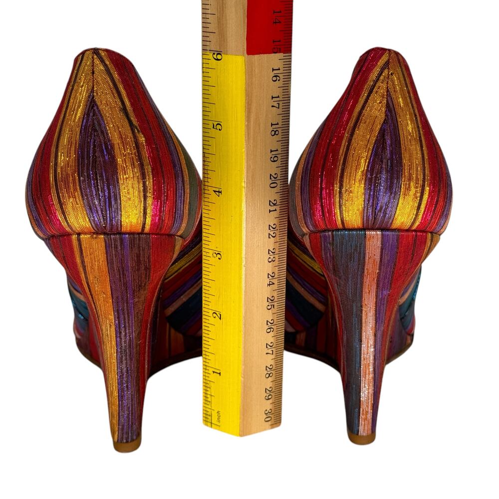 Beatrix Ong Satin Striped Wedge Heel Women's SZ 39 Rainbow Art Luxury Whimsy Fun - Picture 11 of 13